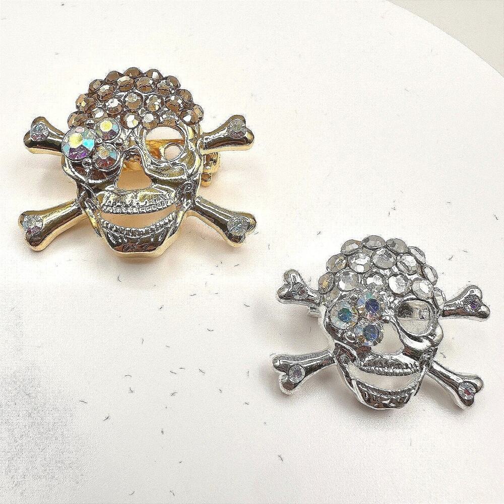 Vintage Gold & Silver Tone Glass Rhinestone 90s Skull & Crossbones Brooch Set